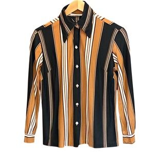 Vintage 70s Stripe Button Down Shirt Mod Disco Retro Earth Tone Dagger Collar